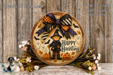 a wooden plate with a happy halloween decoration on it