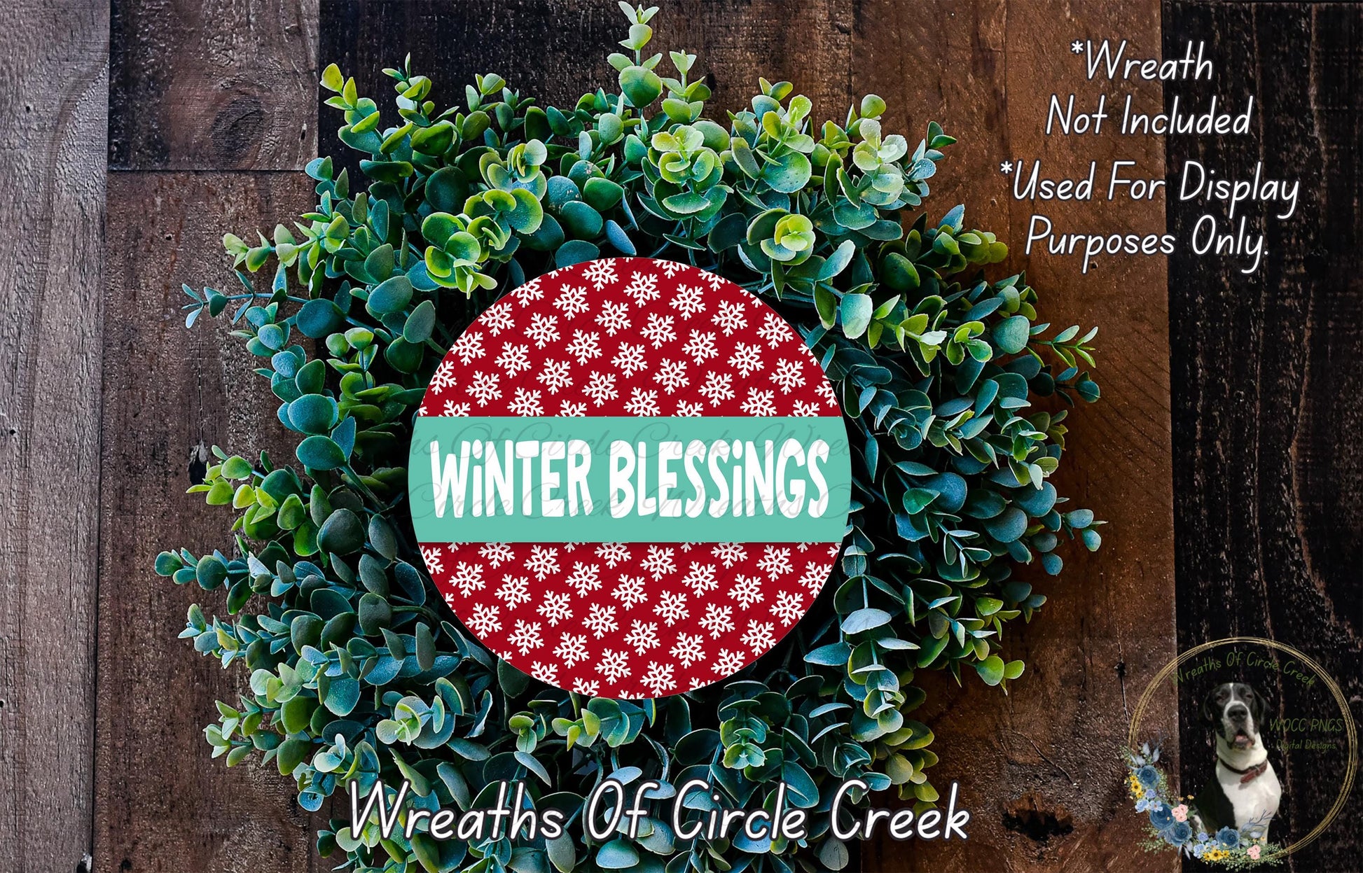 A wreath made of green leaves and red snowflakes, with the text "Winter Blessings" displayed prominently in the center.