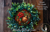 A wreath made of various green plants and a red poinsettia flower, with a gold teapot and other decorative elements.