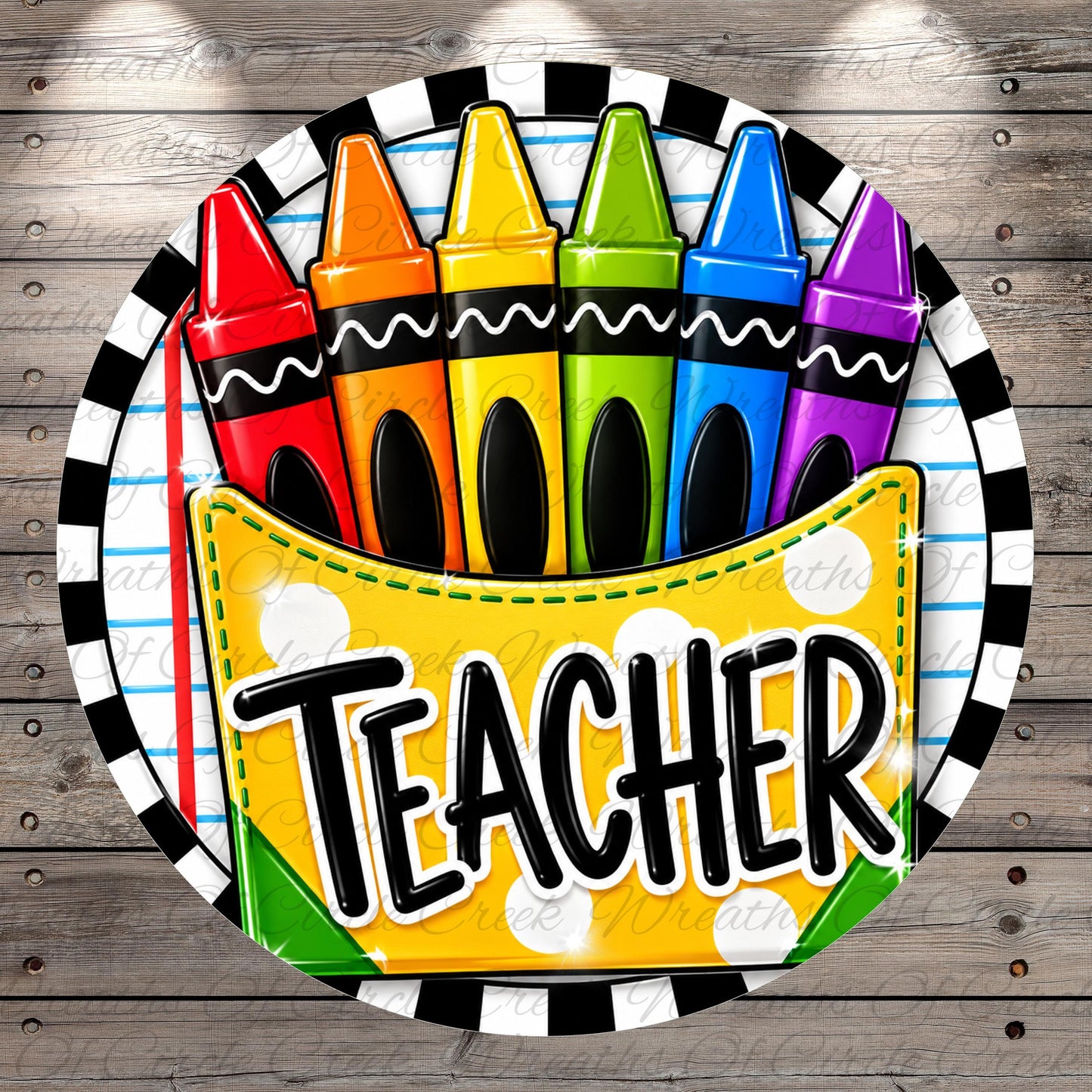 A colorful arrangement of crayons in a circular frame with the word "Teacher" written on it.