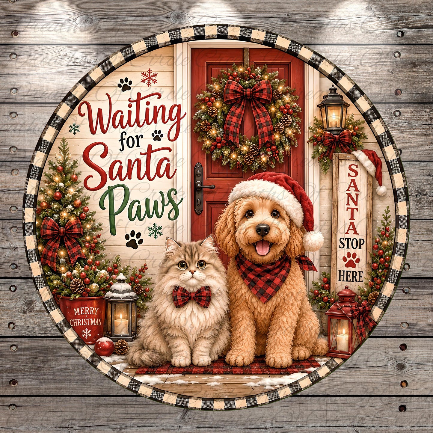 A dog and a cat wearing Santa hats and plaid bandanas are sitting on a porch decorated for Christmas, with a wreath, lanterns, and other holiday decorations.