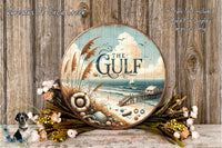 a round wooden plaque with a beach scene and a lighthouse, surrounded by flowers and placed on a wooden surface.