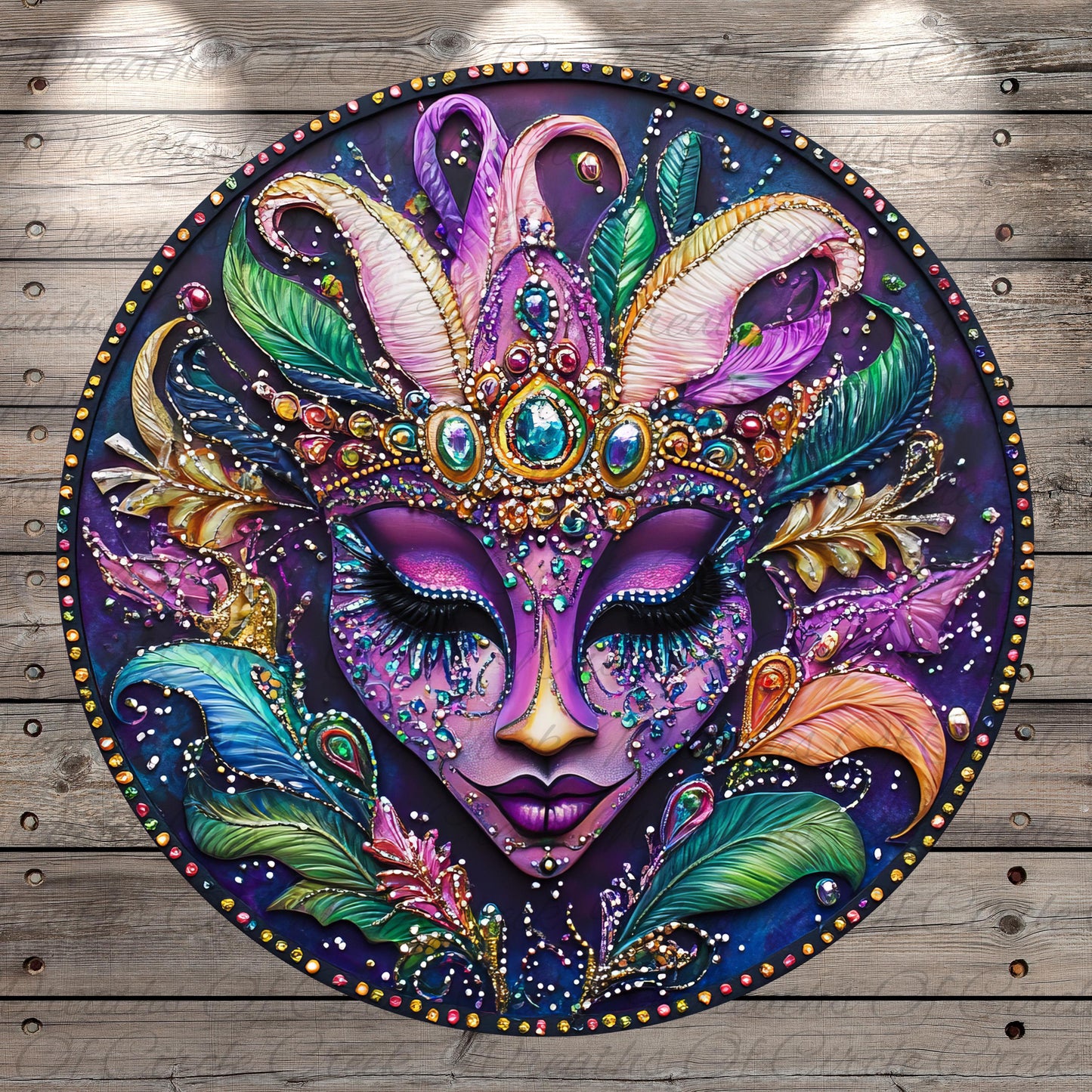 The image is a vibrant and intricate painting of a face, featuring a colorful and ornate design with various elements such as feathers, gemstones, and intricate patterns.