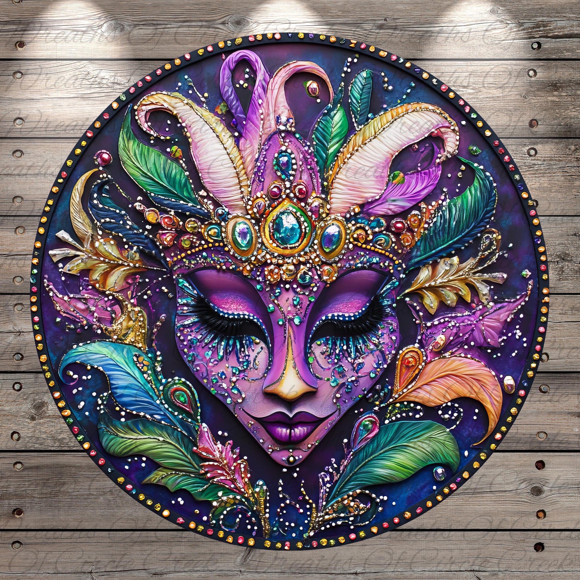 The image is a vibrant and intricate painting of a face, featuring a colorful and ornate design with various elements such as feathers, gemstones, and intricate patterns.