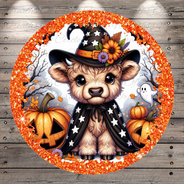 A whimsical illustration of a cow dressed as a witch, surrounded by Halloween-themed elements such as pumpkins, a ghost, and a flower.