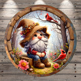 A gnome with a long beard and a straw hat sits on a tree stump in a forest, surrounded by colorful flowers and birds.