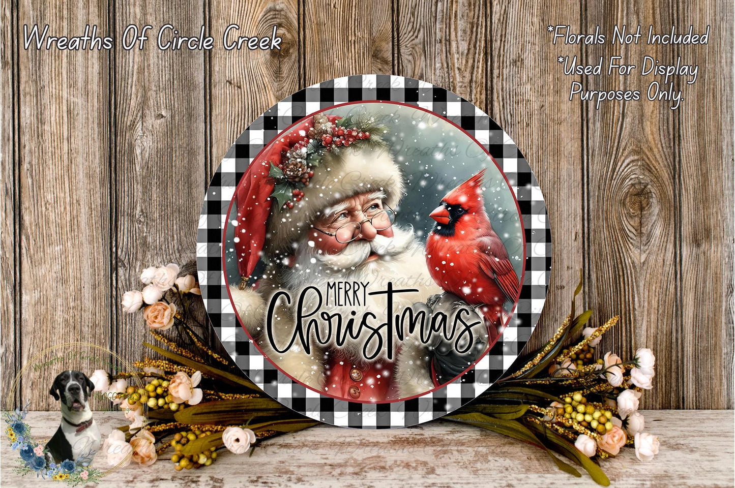 Santa with Cardinal Wreath Sign | Merry Christmas | Lightweight Round Metal Wreath Sign | No Holes in Sign | Buffalo Plaid Holiday Decor