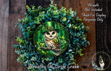 A wreath featuring an owl wearing a green hat and surrounded by greenery, with a text overlay that reads "Wreath Not Included * Used For Display Purposes Only" and "Wreaths of Circle Creek".