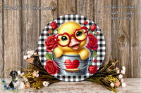 A cheerful yellow duck wearing red glasses and a red heart on a bucket, surrounded by red roses and a black and white checkered background.
