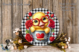 A cheerful yellow duck wearing red glasses and a red heart on a bucket, surrounded by red roses and a black and white checkered background.