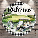 A golf cart with a golf bag on the back, set against a backdrop of a golf course and trees, with the word "Welcome" written above it.