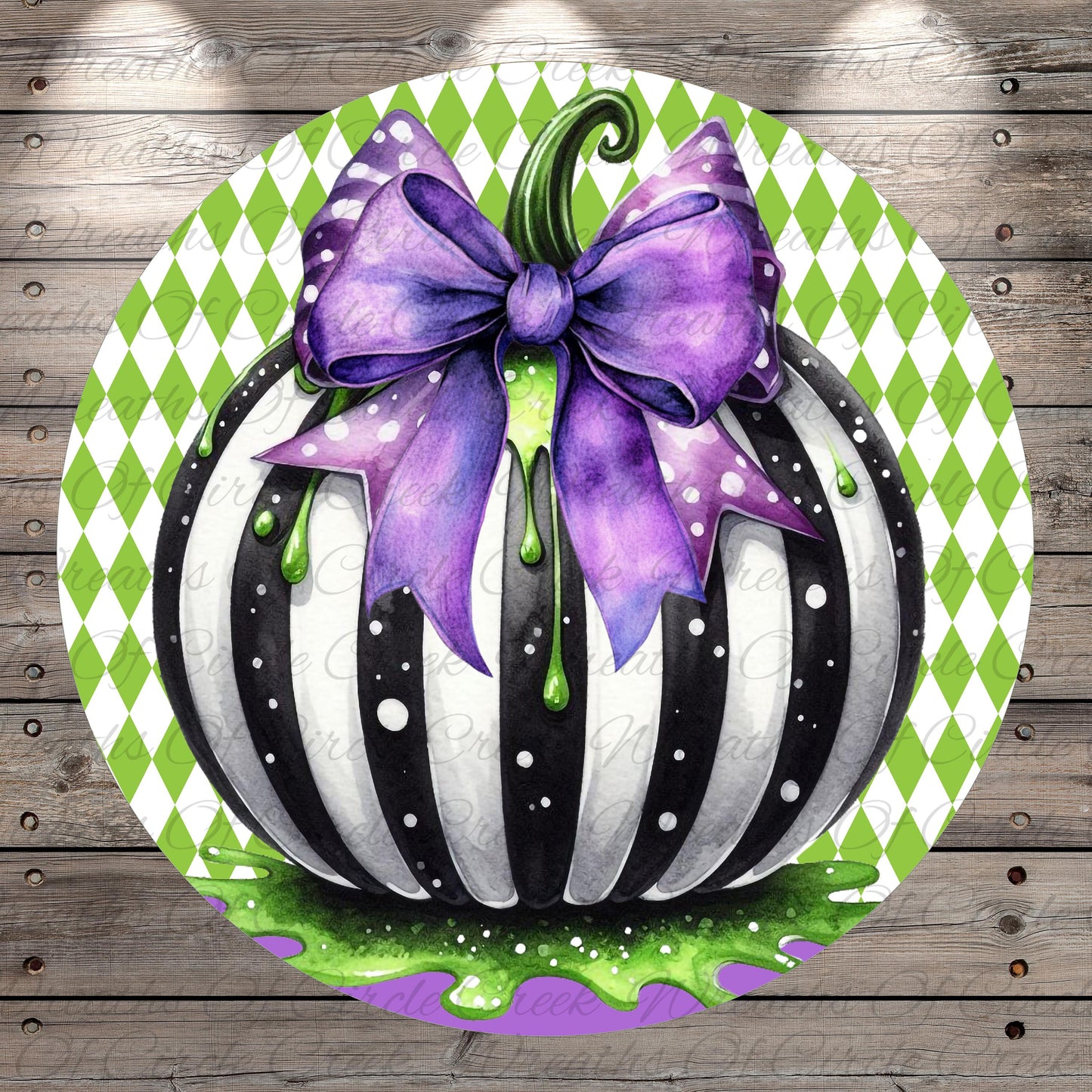 A whimsical illustration of a black and white striped pumpkin with a purple bow, set against a green and white diamond patterned background.