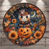 A whimsical illustration of a jack-o-lantern wearing a cowboy hat, surrounded by autumn leaves, sunflowers, and a crescent moon, all set against a starry night sky.