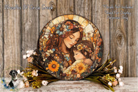 a large, ornate, and colorful painting of a woman and a child, surrounded by flowers and greenery, displayed on a wooden surface.