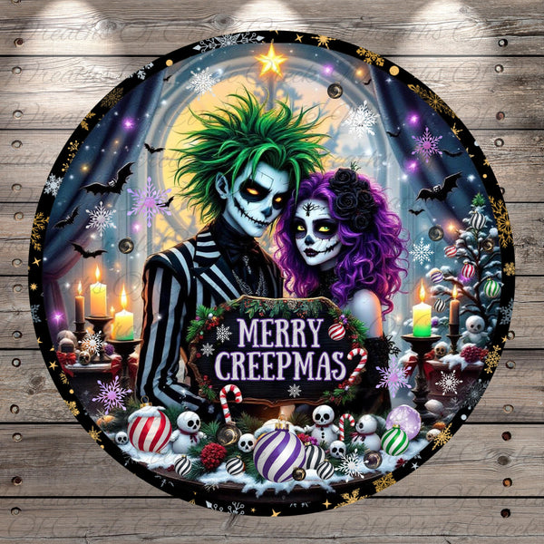 A Halloween-themed digital illustration featuring a couple with spooky makeup and costumes, surrounded by various Halloween-themed elements such as bats, skulls, and candy canes.