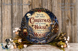 a decorative Christmas wreath with a whimsical scene of a mouse and a house, surrounded by flowers and greenery.