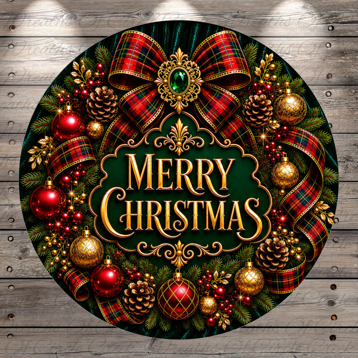 A festive Christmas wreath with a variety of ornaments, ribbons, and a large bow, surrounded by greenery and the text "Merry Christmas".