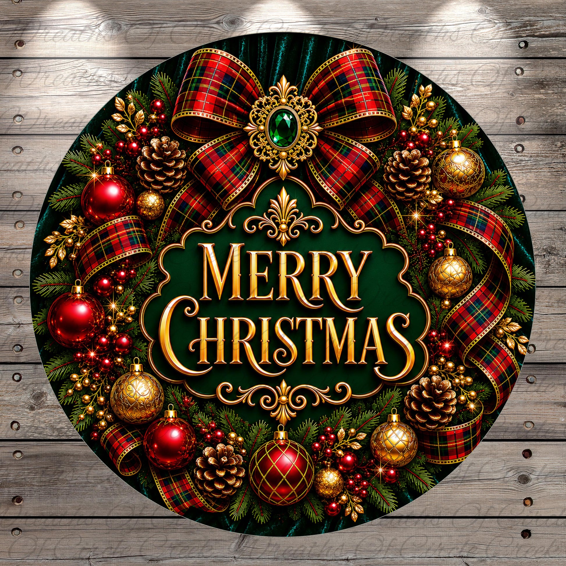 A festive Christmas wreath with a variety of ornaments, ribbons, and a large bow, surrounded by greenery and the text "Merry Christmas".