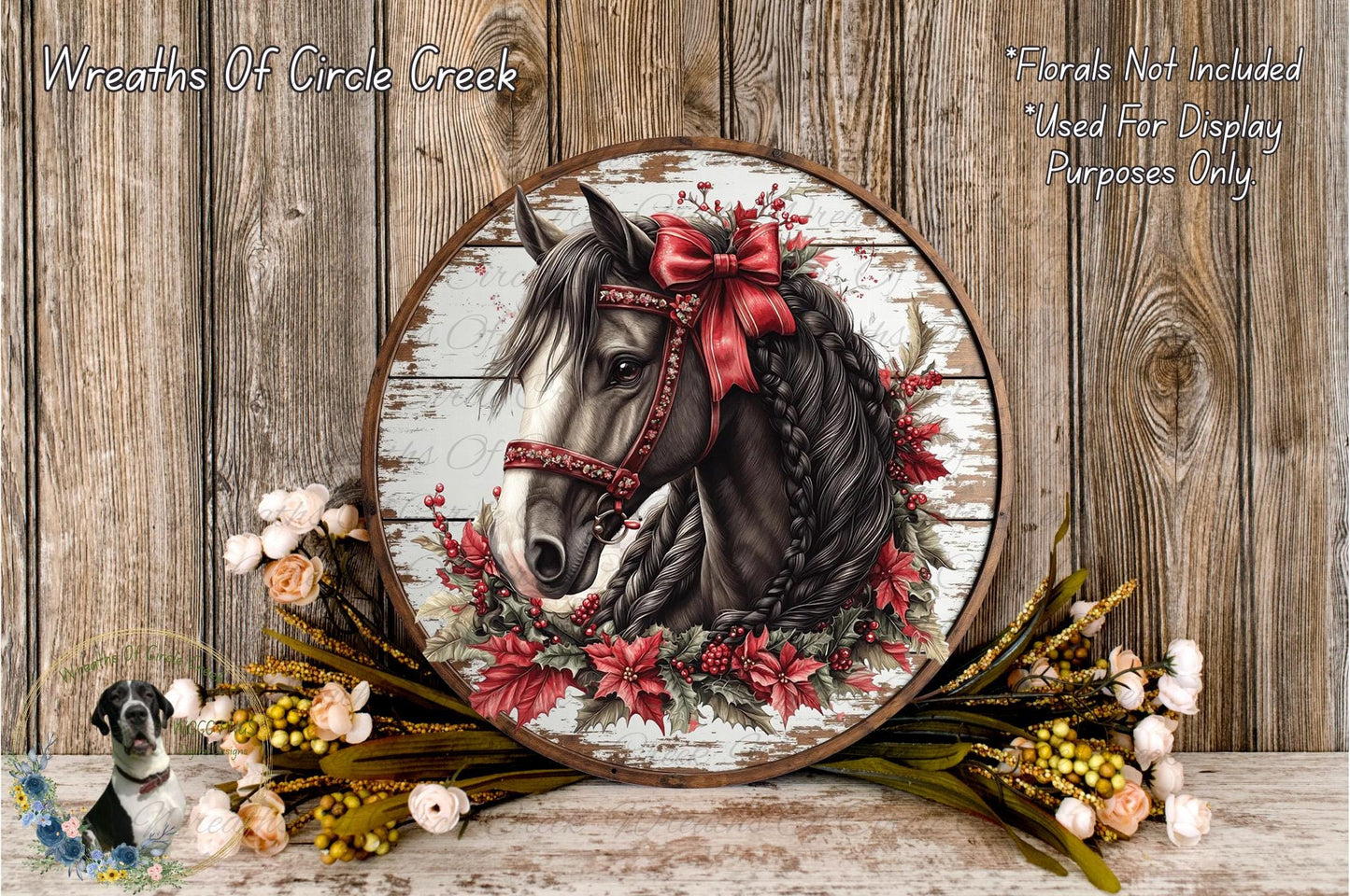 a round wooden plaque with a detailed illustration of a horse's head surrounded by a wreath of flowers and greenery. The plaque is set against a rustic wooden background, creating a warm and inviting atmosphere.