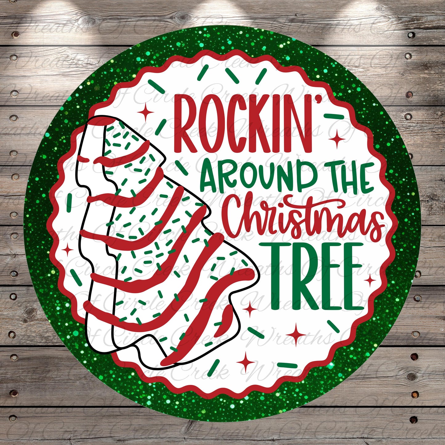 a circular Christmas tree decoration with the text "ROCKIN' AROUND THE CHRISTMAS TREE" written on it.