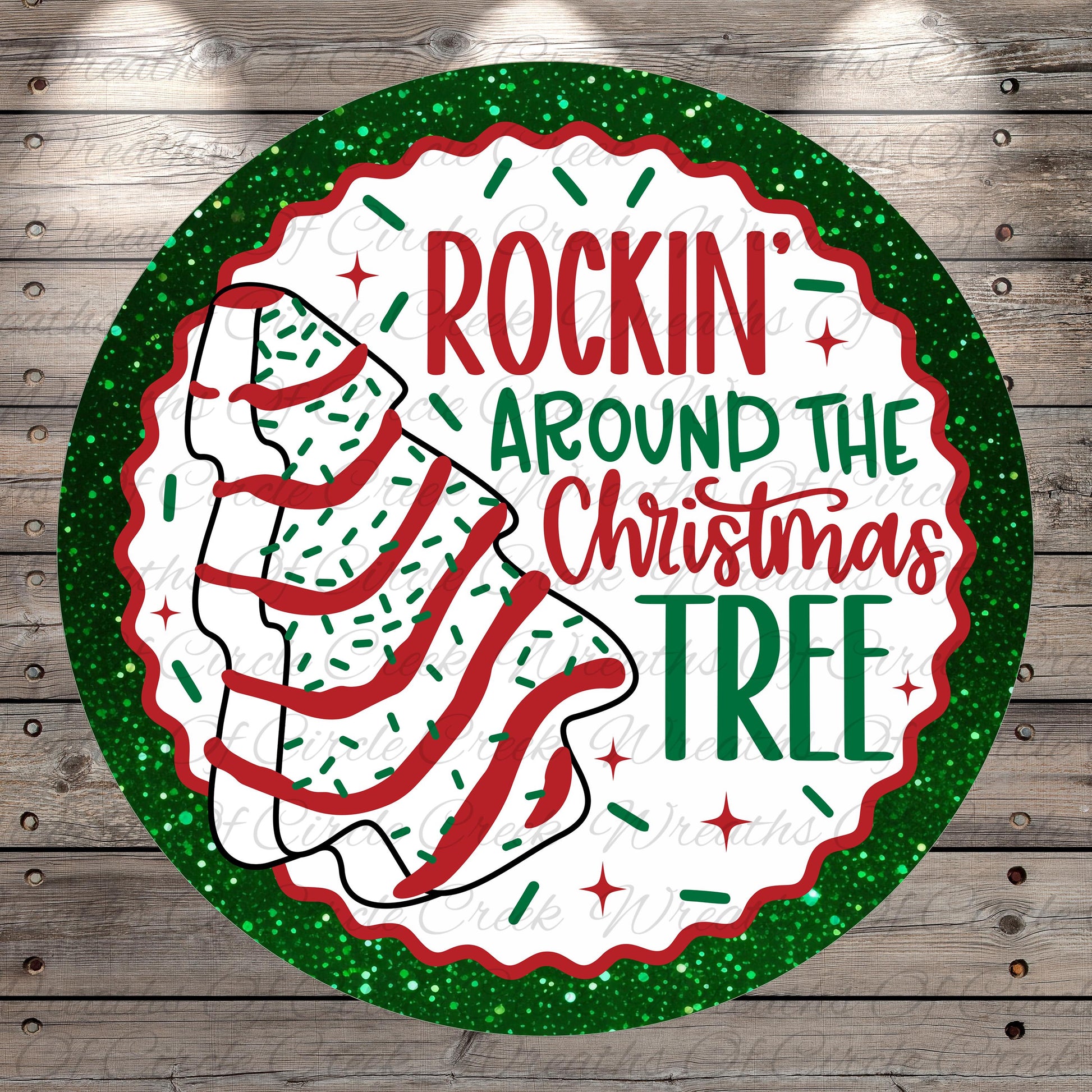 a circular Christmas tree decoration with the text "ROCKIN' AROUND THE CHRISTMAS TREE" written on it.