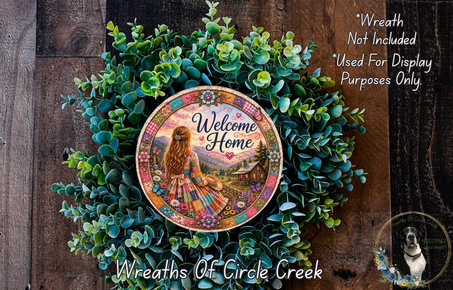 a wreath with a woman sitting on a bench surrounded by greenery, with a sign that reads "Welcome Home" in the center.