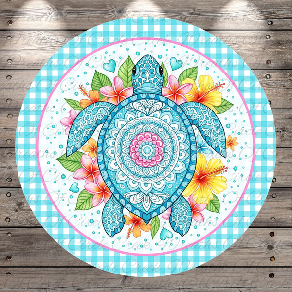A decorative circular design featuring a blue and white turtle surrounded by colorful flowers and leaves, with a gingham border.