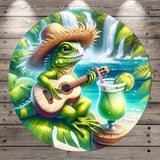 A green iguana wearing a straw hat is playing a guitar and holding a drink, surrounded by tropical foliage and a waterfall.