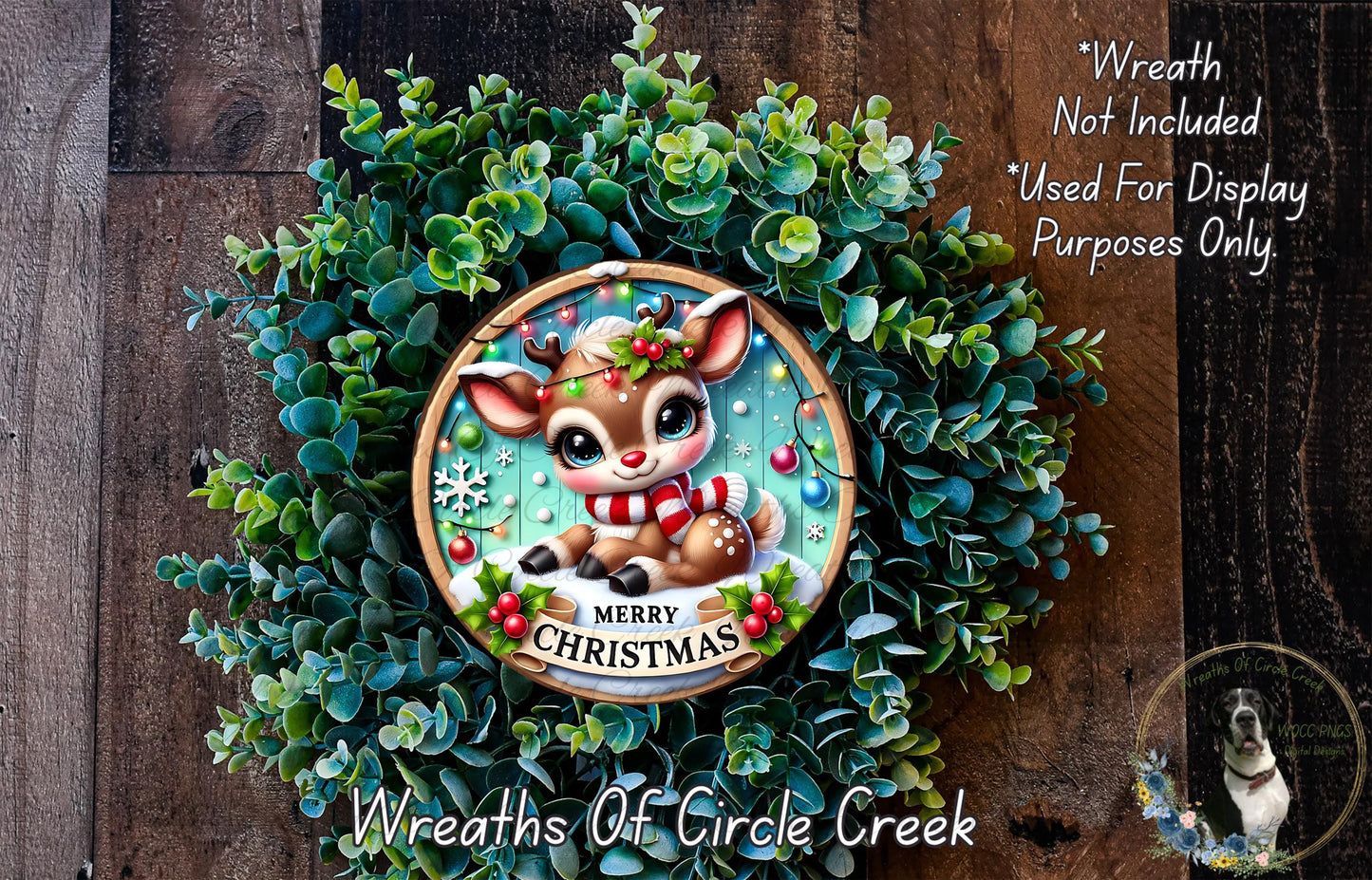 A wreath made of green leaves and a small brown reindeer with a red scarf, surrounded by a wooden background.