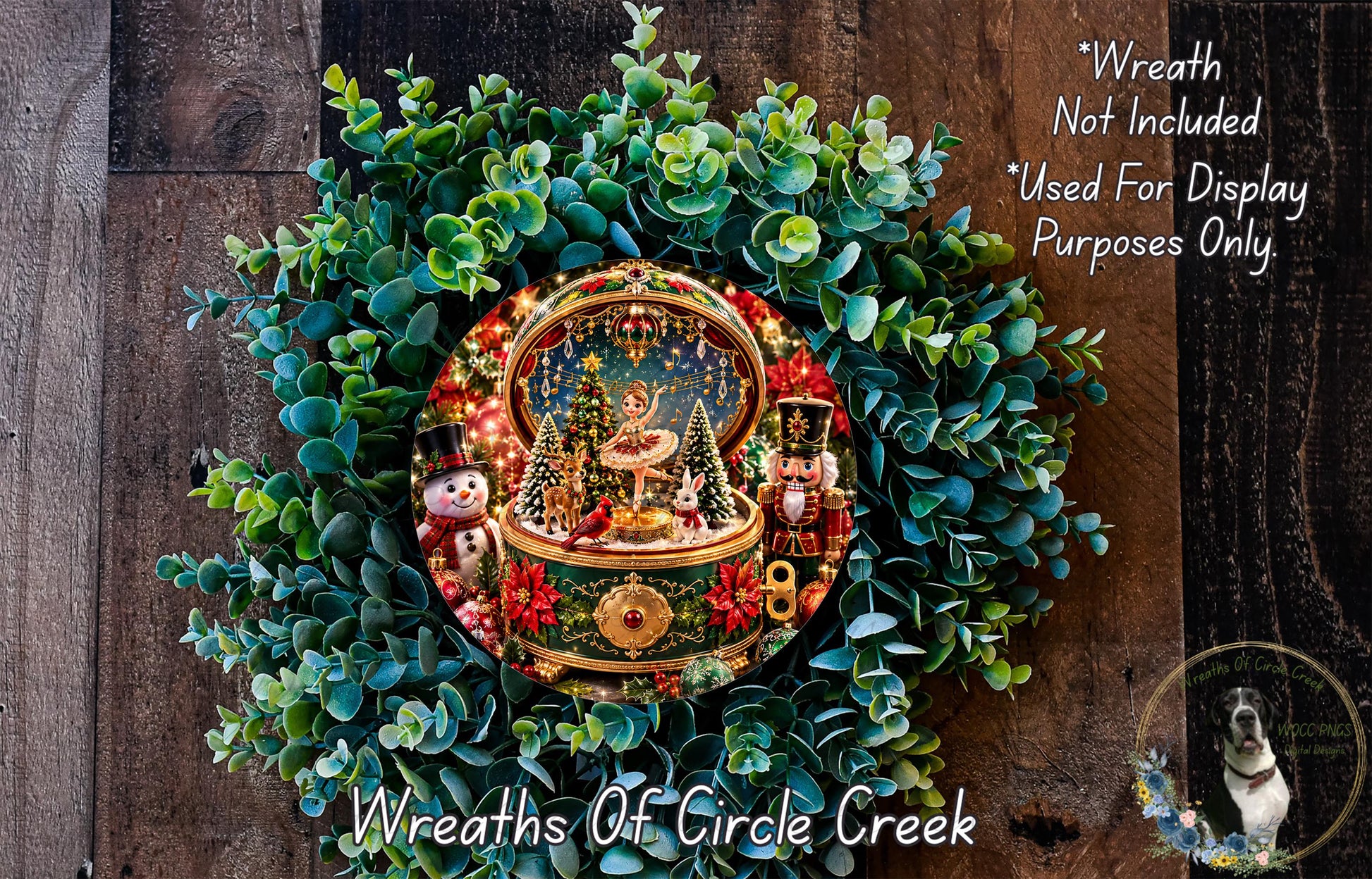 A wreath made of evergreen branches and a miniature snow globe, featuring a nutcracker, a snowman, and a Christmas tree.