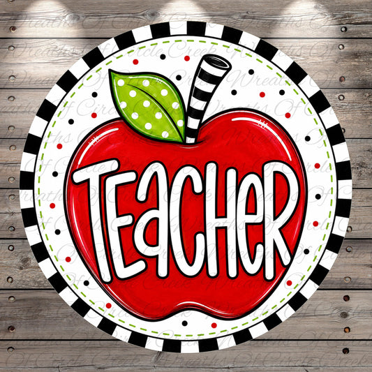 A red apple with the word "Teacher" written on it, surrounded by a black and white striped border.