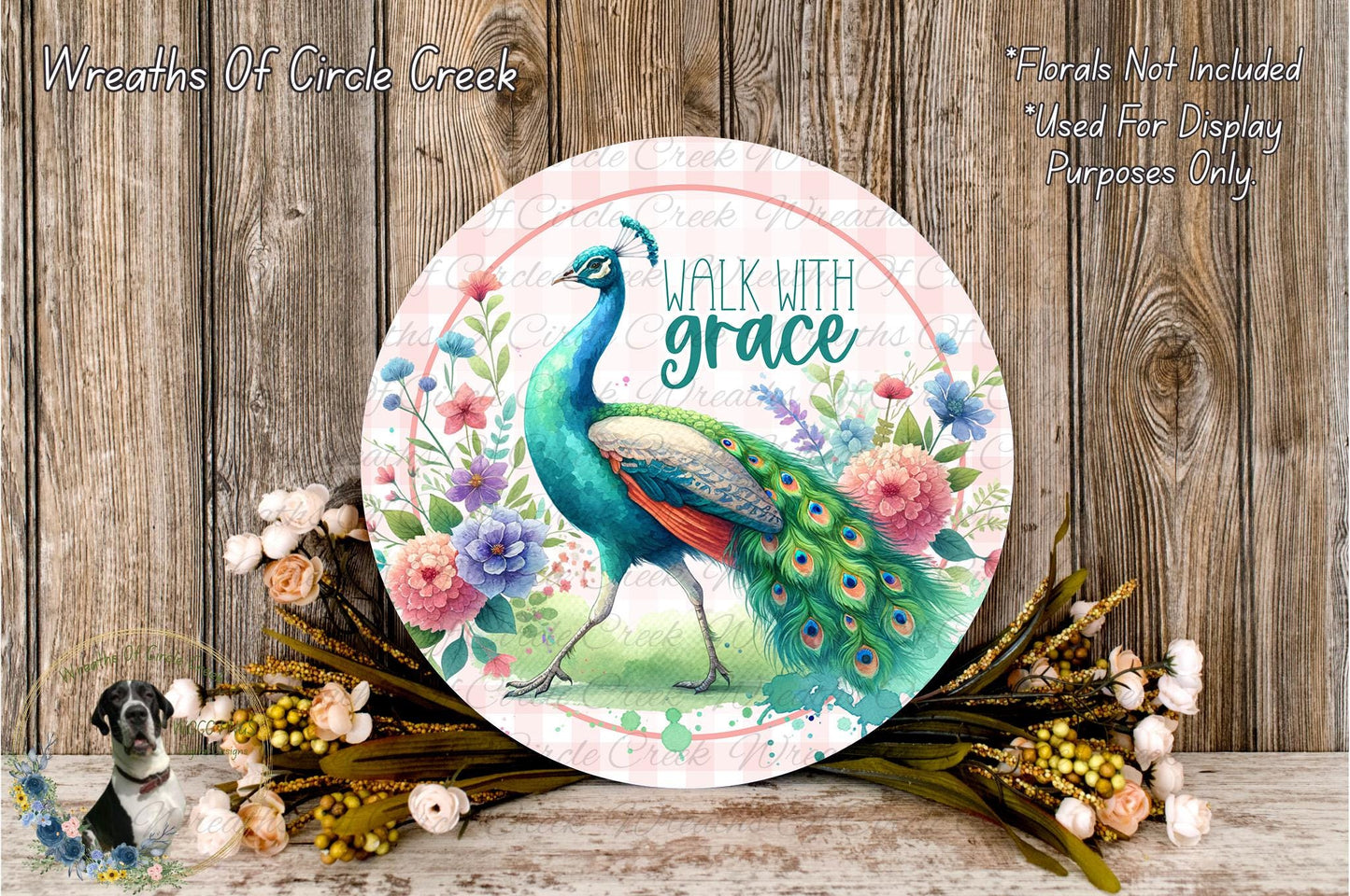 Walk with Grace Peacock Sign | Lightweight Round Metal Wreath Sign | No Holes in Sign | Inspirational Farmhouse Decor