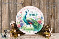 Walk with Grace Peacock Sign | Lightweight Round Metal Wreath Sign | No Holes in Sign | Inspirational Farmhouse Decor