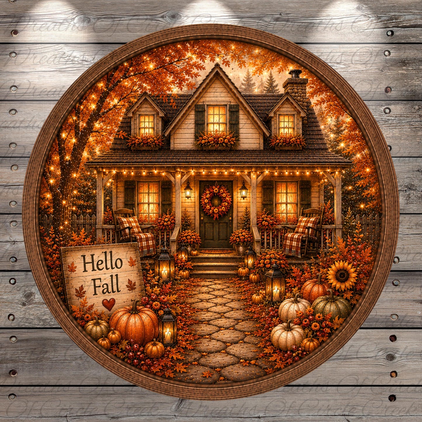 A circular wooden frame with a painted illustration of a cozy autumn house surrounded by fall decorations, including pumpkins, sunflowers, and a wreath.