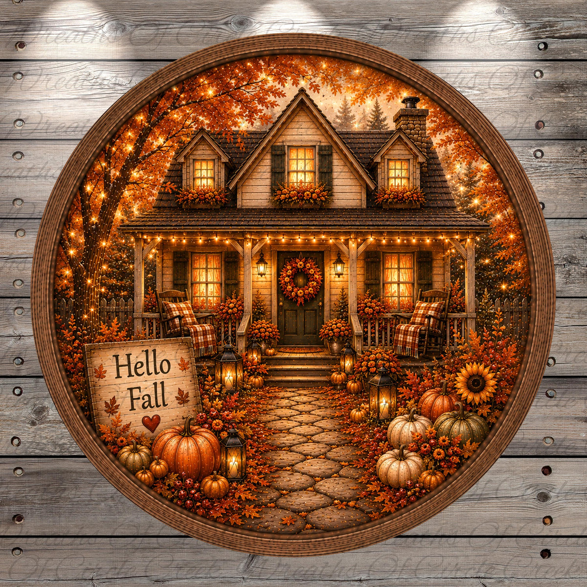 A circular wooden frame with a painted illustration of a cozy autumn house surrounded by fall decorations, including pumpkins, sunflowers, and a wreath.