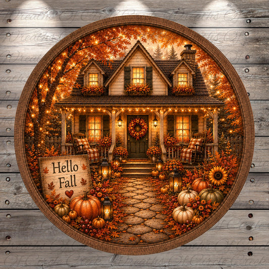 A circular wooden frame with a painted illustration of a cozy autumn house surrounded by fall decorations, including pumpkins, sunflowers, and a wreath.