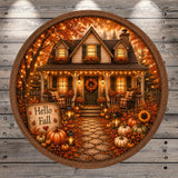 A circular wooden frame with a painted illustration of a cozy autumn house surrounded by fall decorations, including pumpkins, sunflowers, and a wreath.