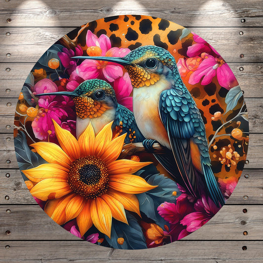 a painting of two birds sitting on a sunflower