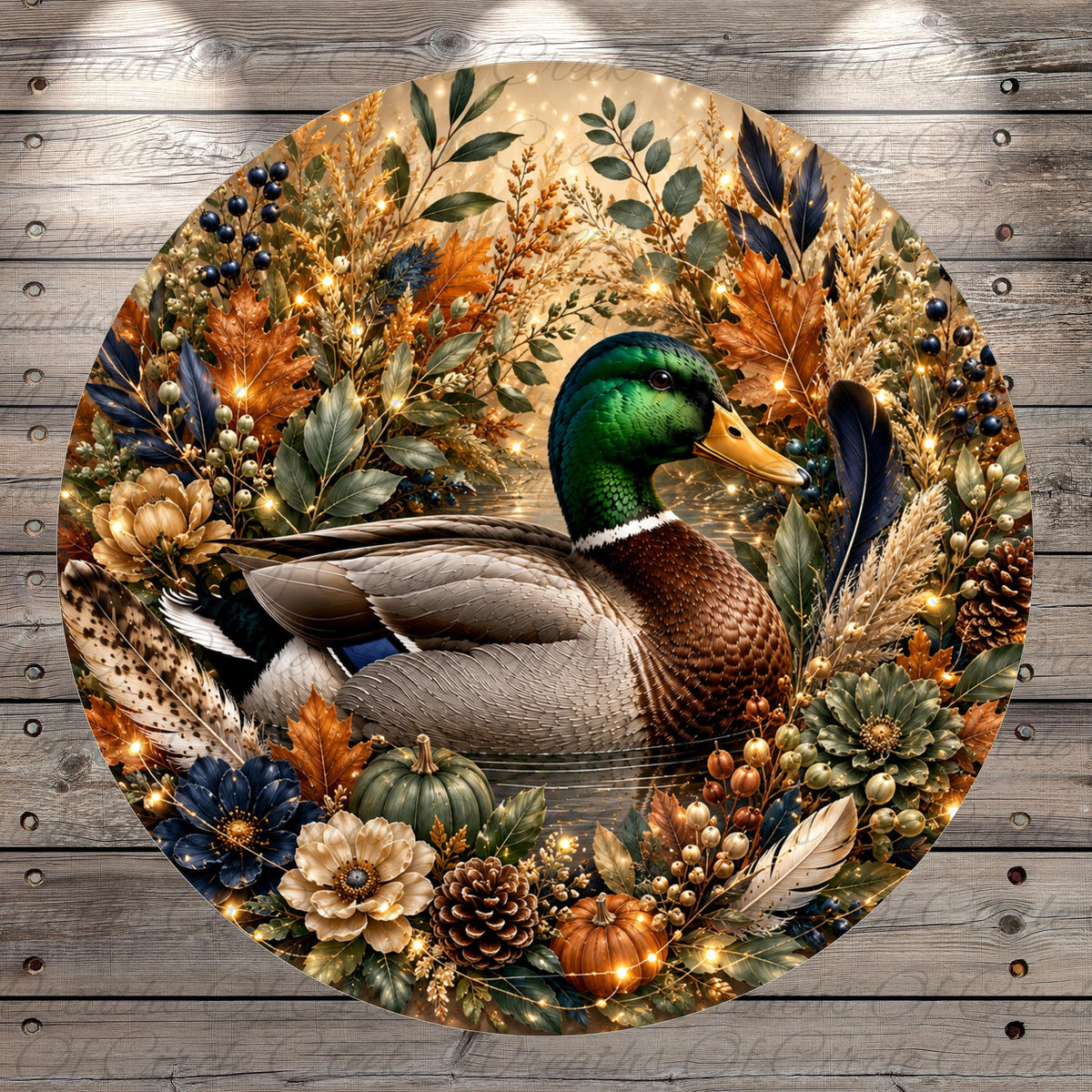 A vibrant and detailed wreath featuring a duck surrounded by autumn foliage, flowers, and pine cones.