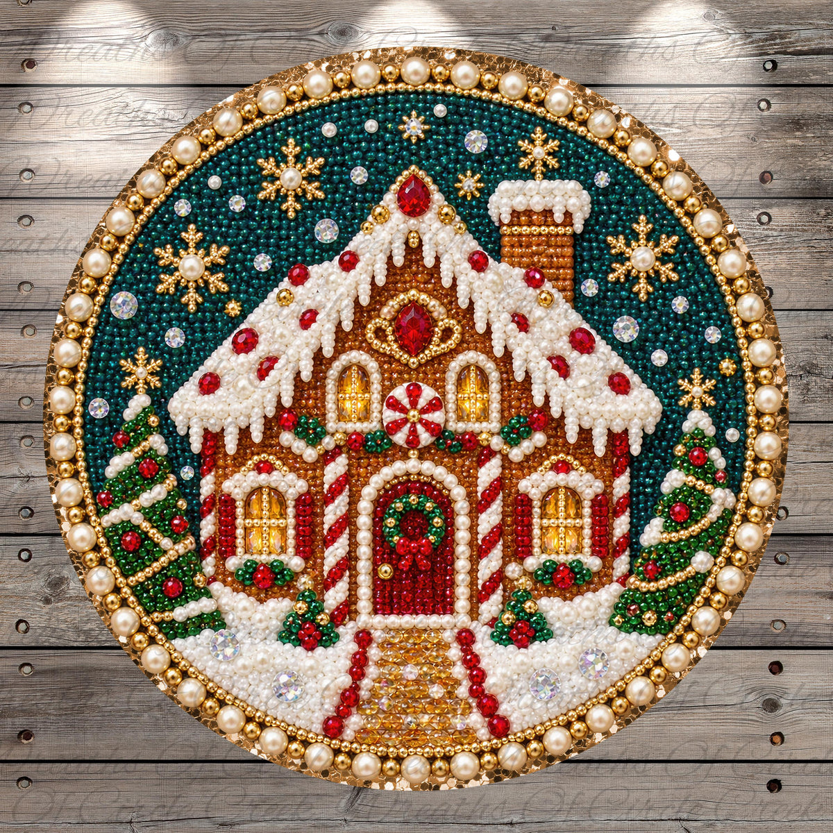 A circular ornament featuring a gingerbread house with a red door, white roof, and red and gold accents, surrounded by snow and trees.
