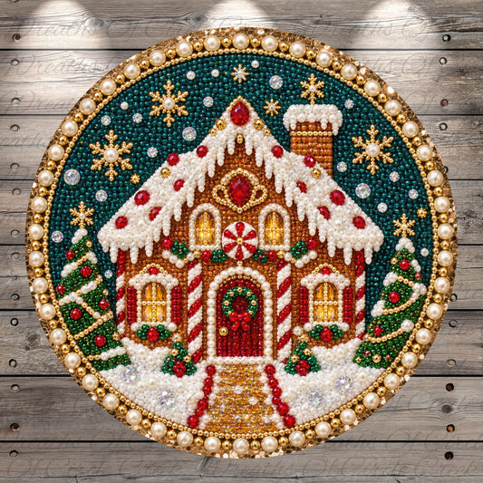 A circular ornament featuring a gingerbread house with a red door, white roof, and red and gold accents, surrounded by snow and trees.