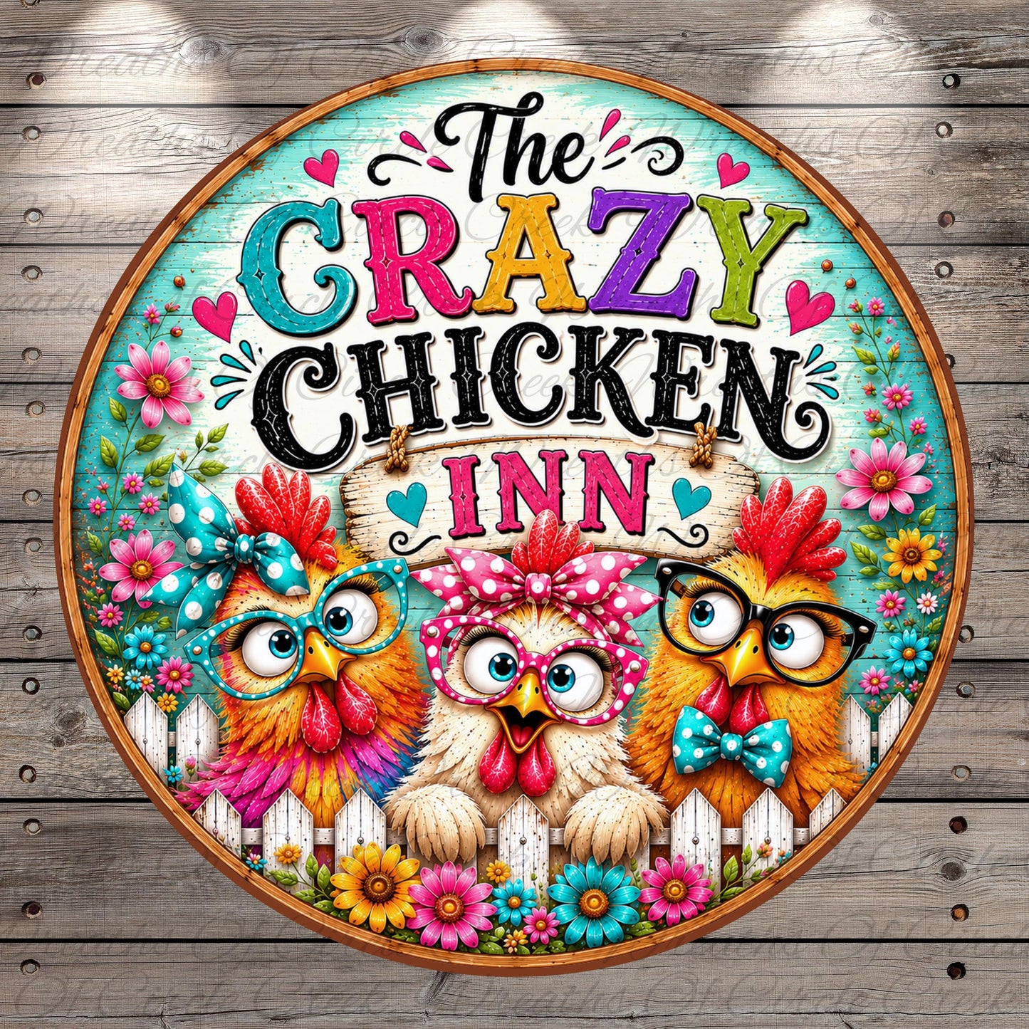 a colorful and whimsical sign for "The Crazy Chicken Inn", with three cartoon chickens wearing glasses and bow ties.