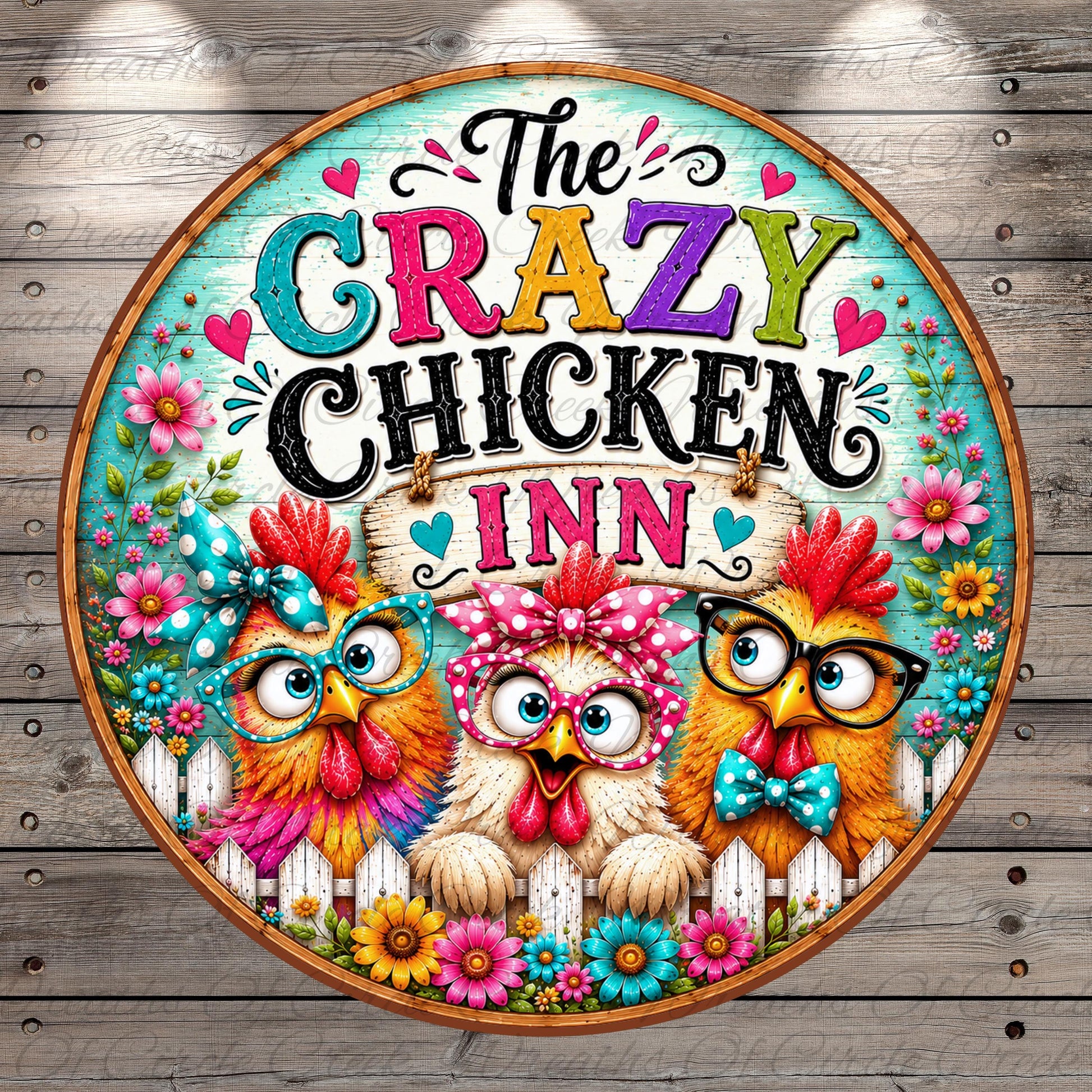 a colorful and whimsical sign for "The Crazy Chicken Inn", with three cartoon chickens wearing glasses and bow ties.