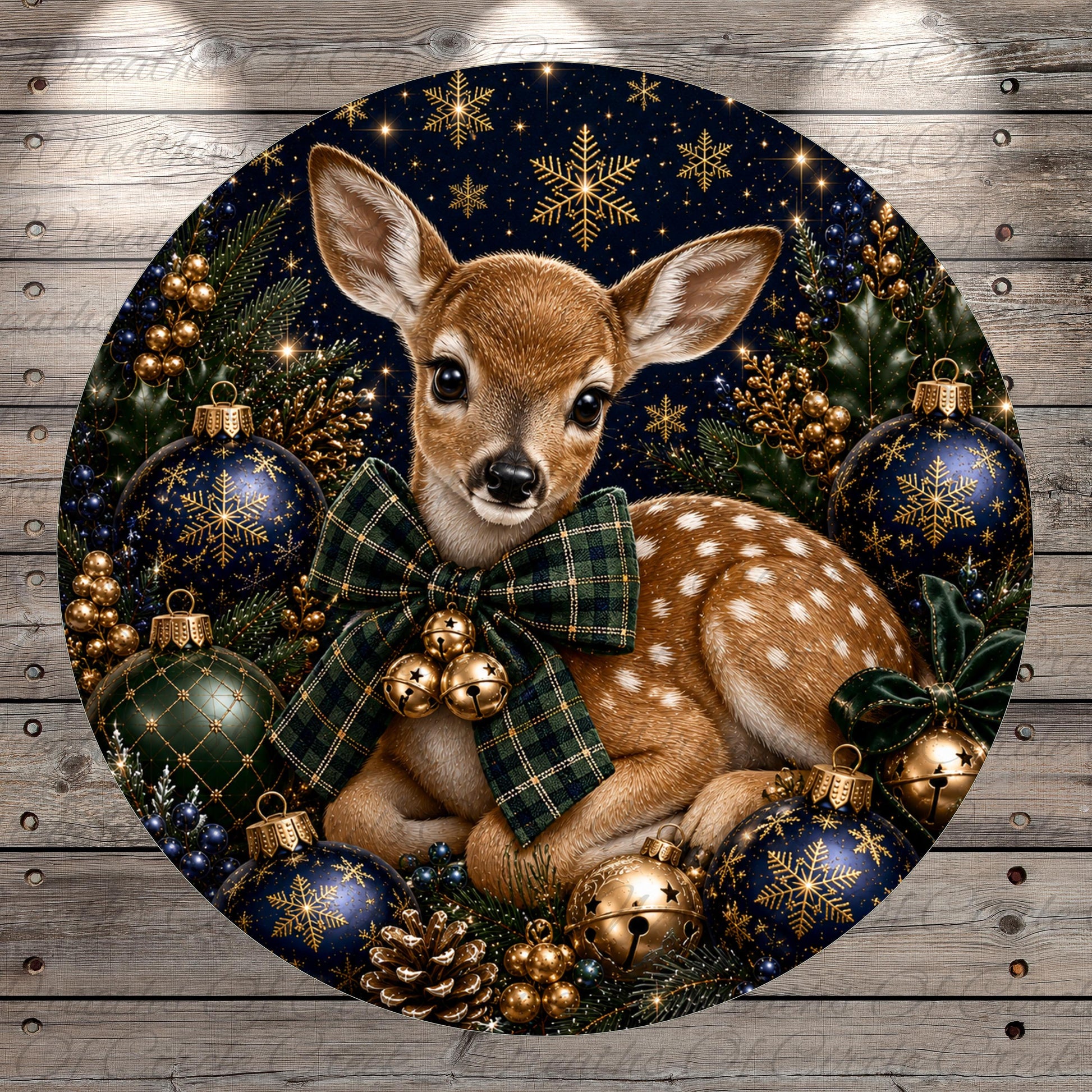 A deer wearing a green and black plaid bow sits amidst a festive Christmas scene, surrounded by ornaments, pine cones, and snowflakes against a dark blue background.