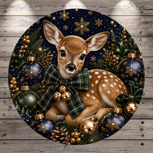 A deer wearing a green and black plaid bow sits amidst a festive Christmas scene, surrounded by ornaments, pine cones, and snowflakes against a dark blue background.