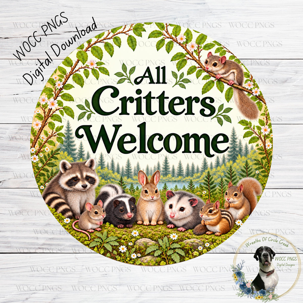 A circular sign with a forest scene featuring various animals, including a raccoon, rabbit, squirrel, hedgehog, and a dog, surrounded by green leaves and flowers. The sign has the text "All Critters Welcome" written on it.