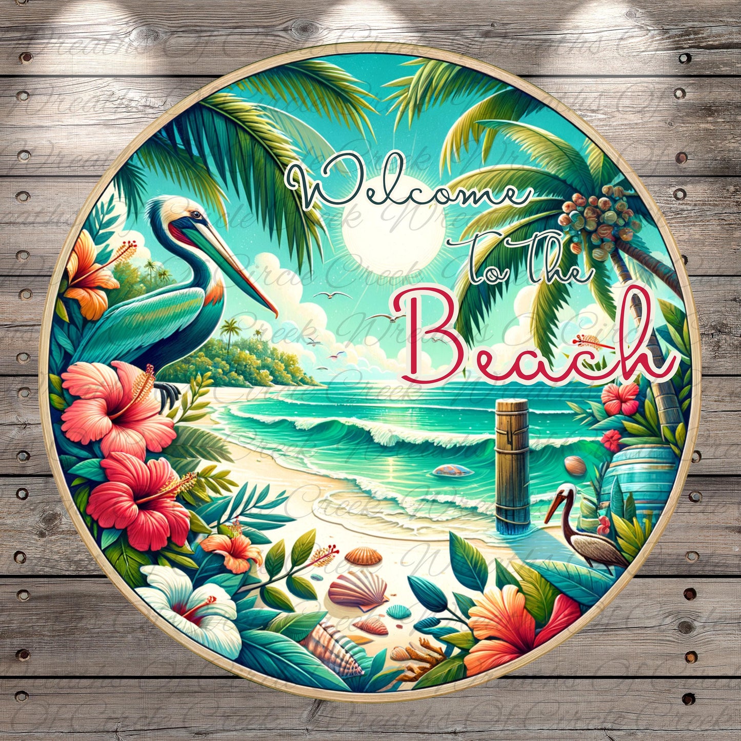 Welcome to the Beach Sign | Lightweight Round Metal Wreath Sign | No Holes in Sign | Tropical Coastal Decor