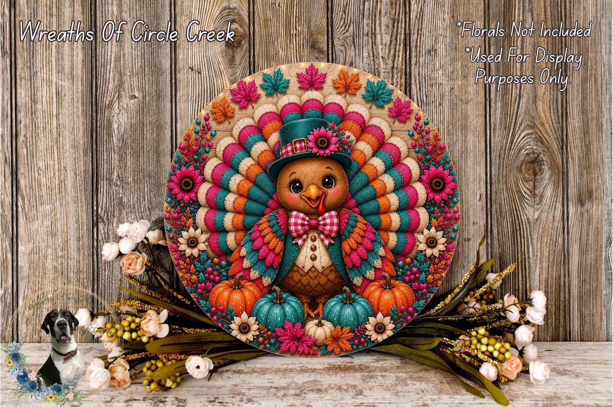 A decorative plate featuring a colorful turkey surrounded by autumn foliage, flowers, and pumpkins, placed on a wooden surface.