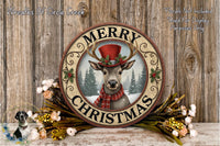 A festive Christmas wreath with a deer wearing a top hat and scarf, surrounded by flowers and greenery, with the text "MERRY CHRISTMAS" displayed on the wreath.