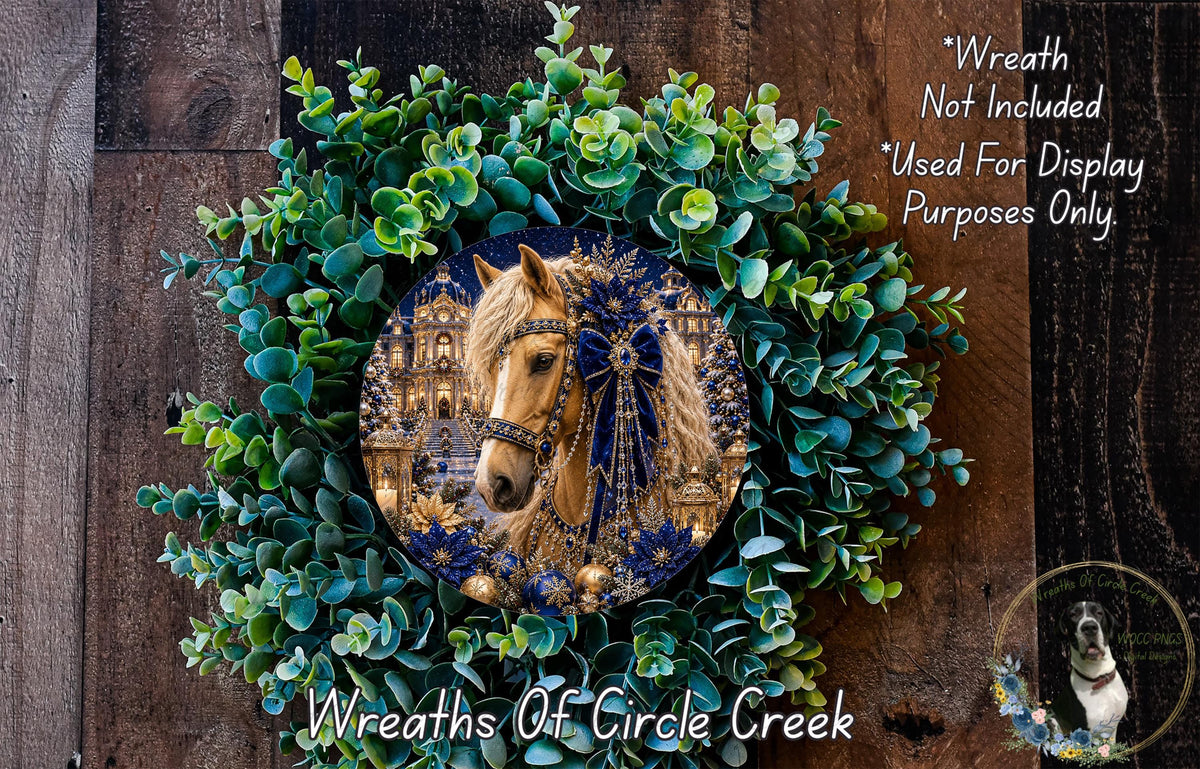A decorative wreath featuring a horse's head surrounded by green foliage, with a text overlay that reads "Wreath Not Included * Used For Display Purposes Only" and "Wreaths of Circle Creek".